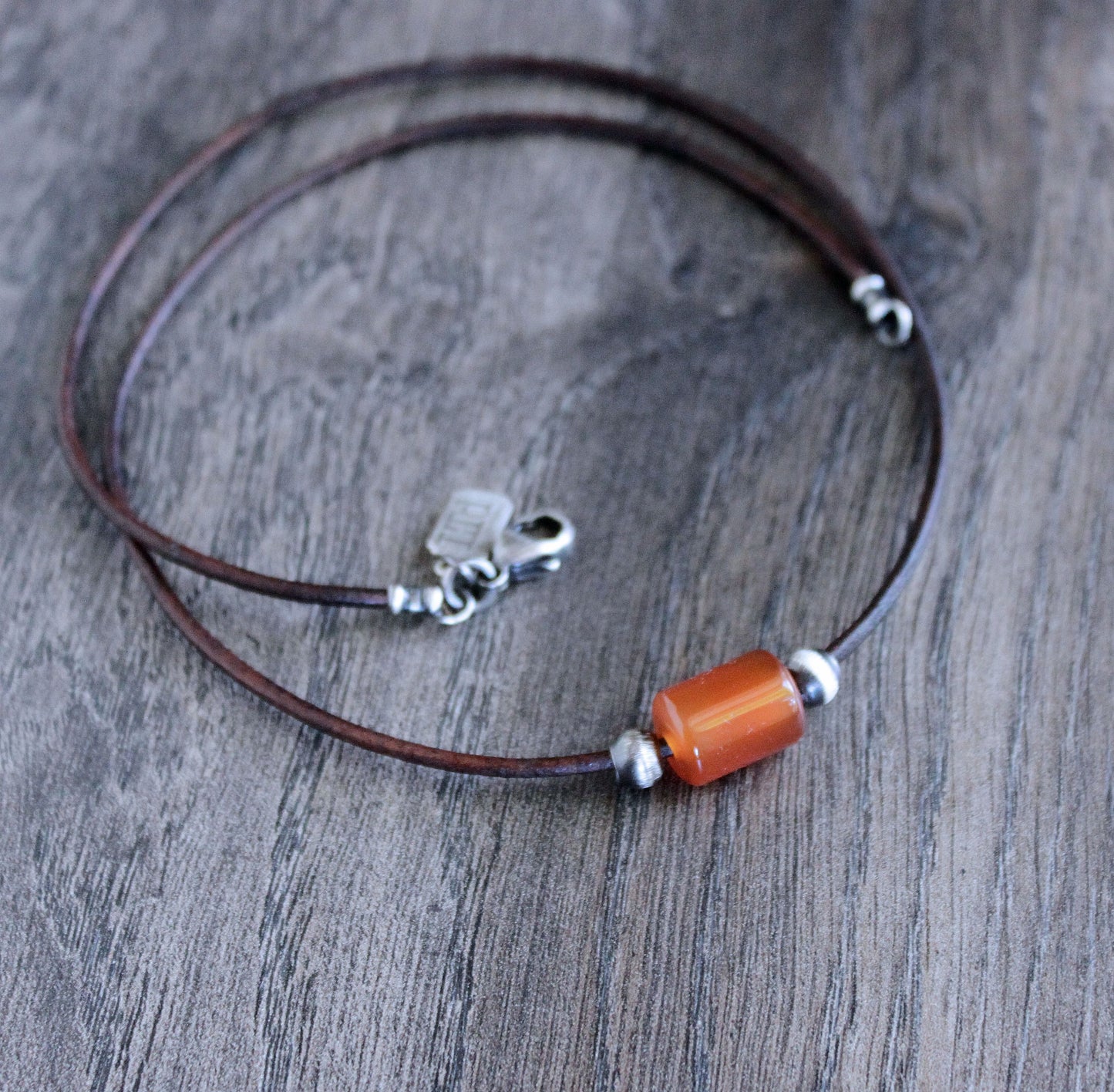 Carnelian Barrel Bead Leather Cord Necklace No. 3