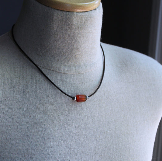 Carnelian Barrel Bead Leather Cord Necklace No. 3