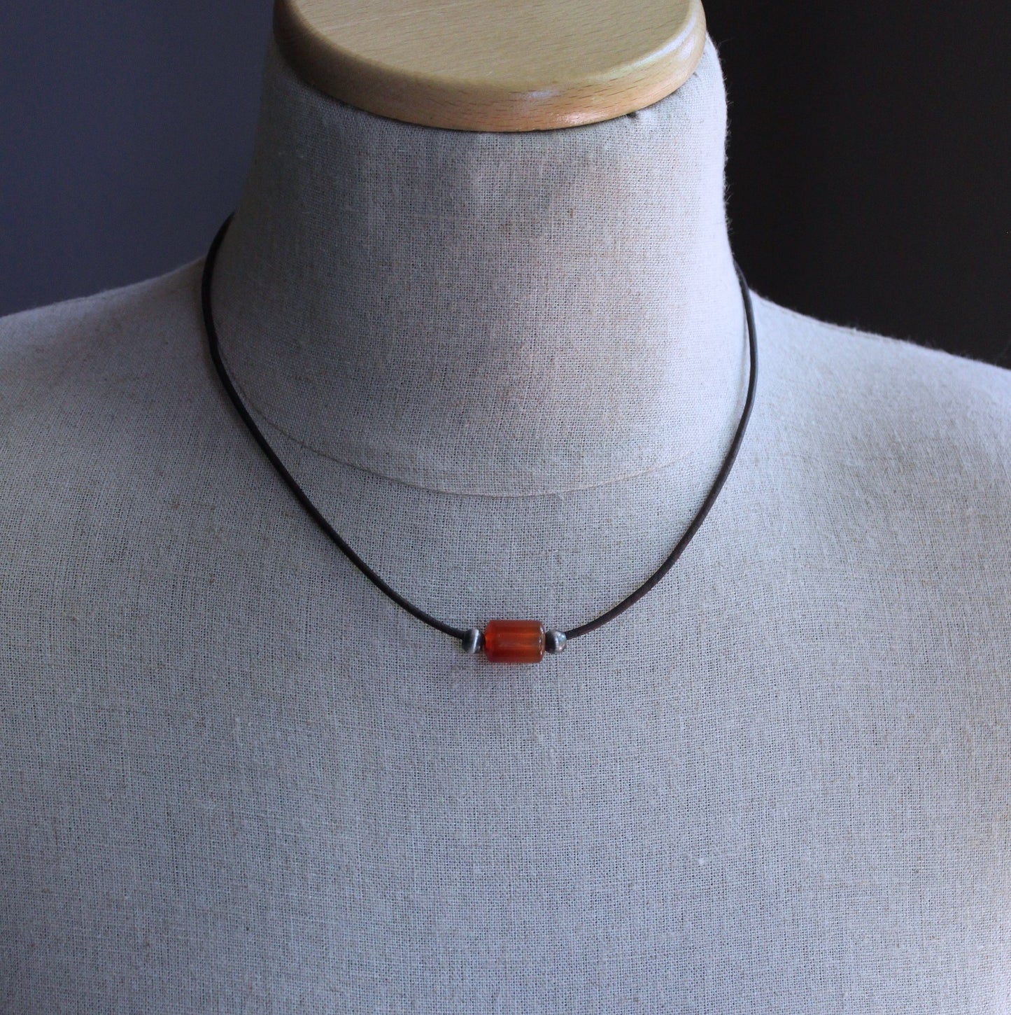 Carnelian Barrel Bead Leather Cord Necklace No. 3