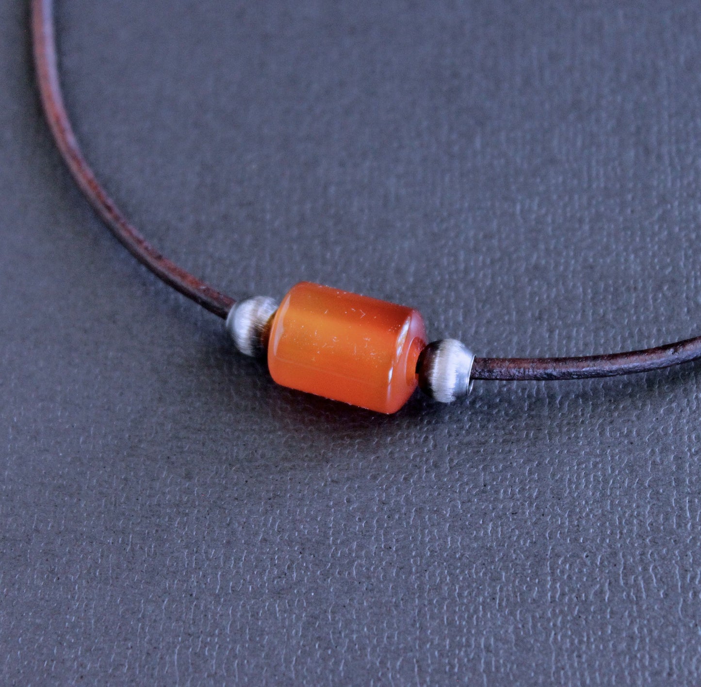 Carnelian Barrel Bead Leather Cord Necklace No. 3