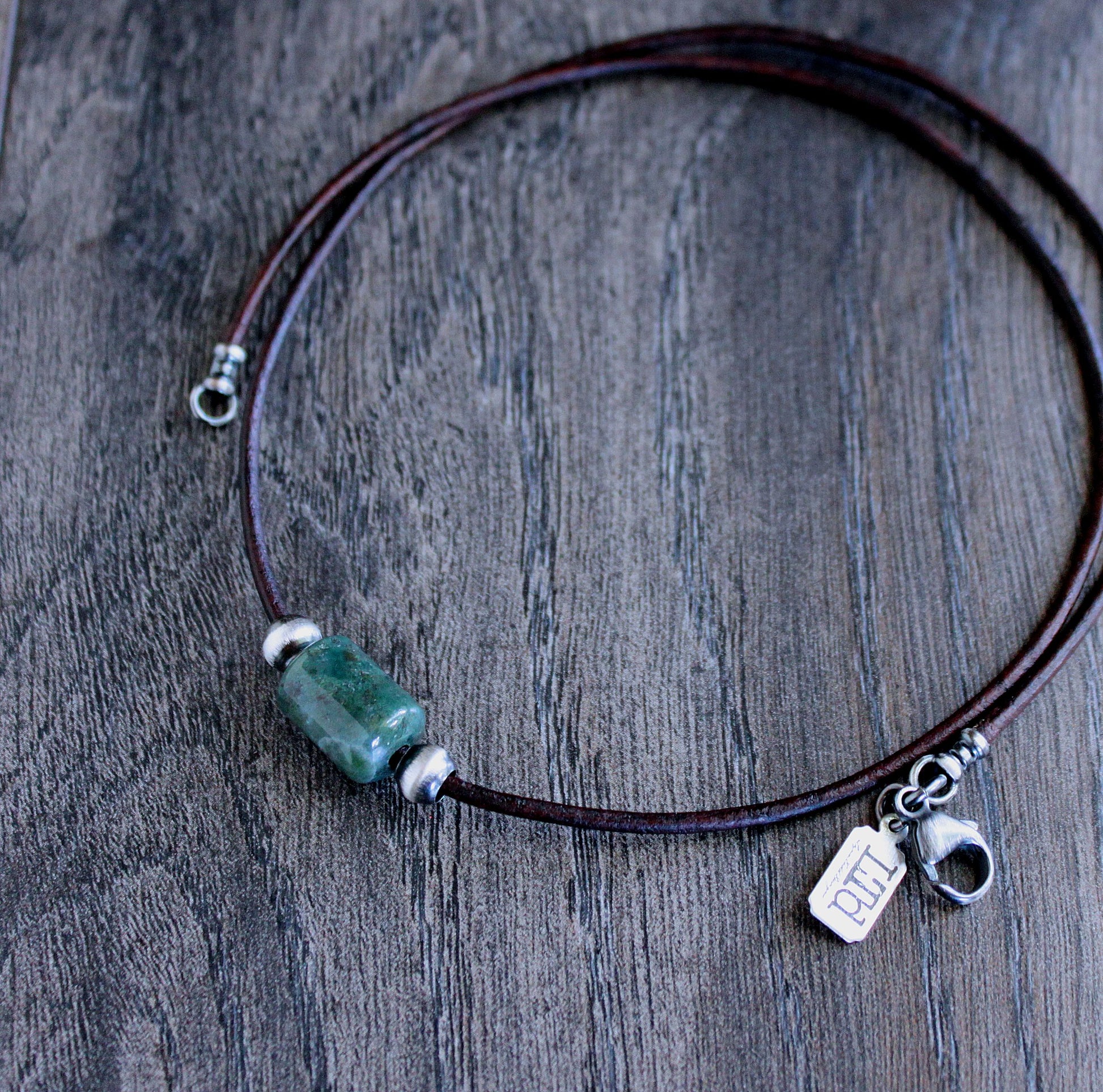 men's leather cord green jasper bead necklace