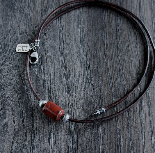 rainbow jasper bead on leather cord necklace