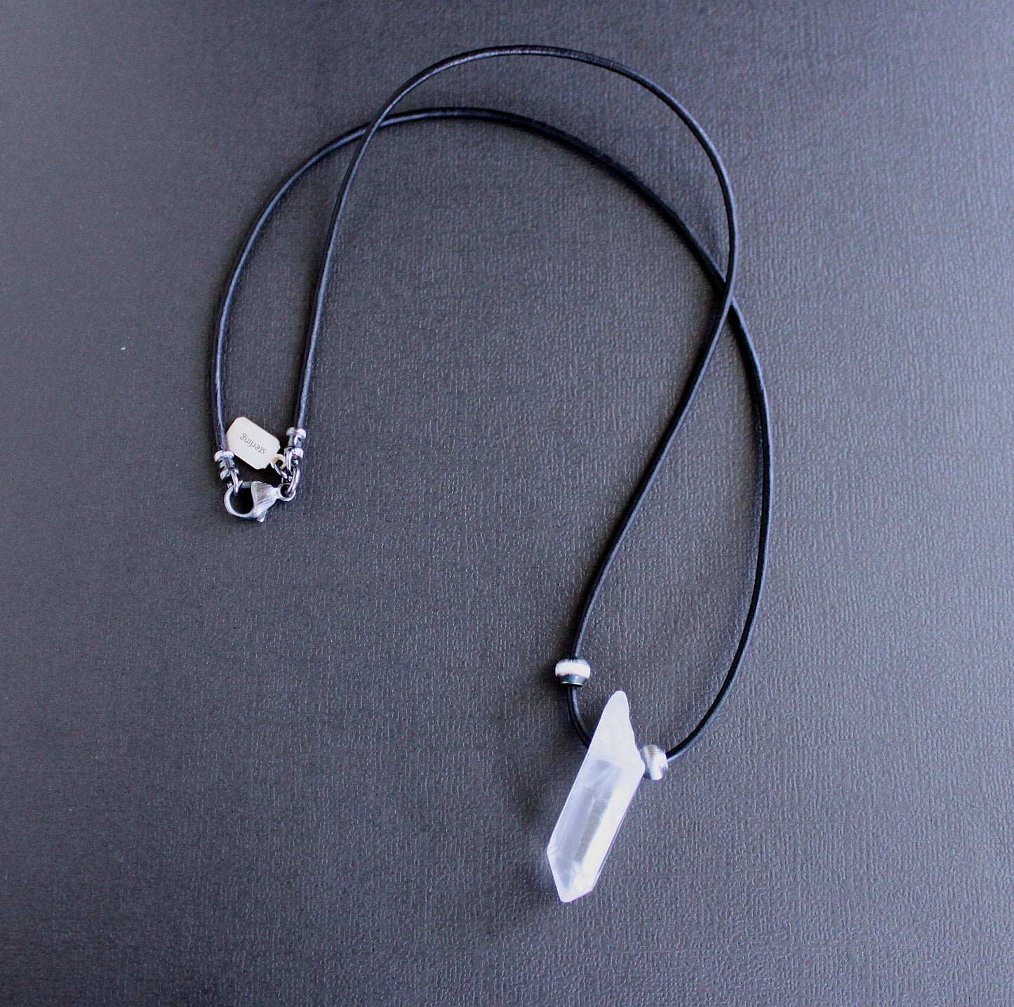 leather cord clear quartz point necklace