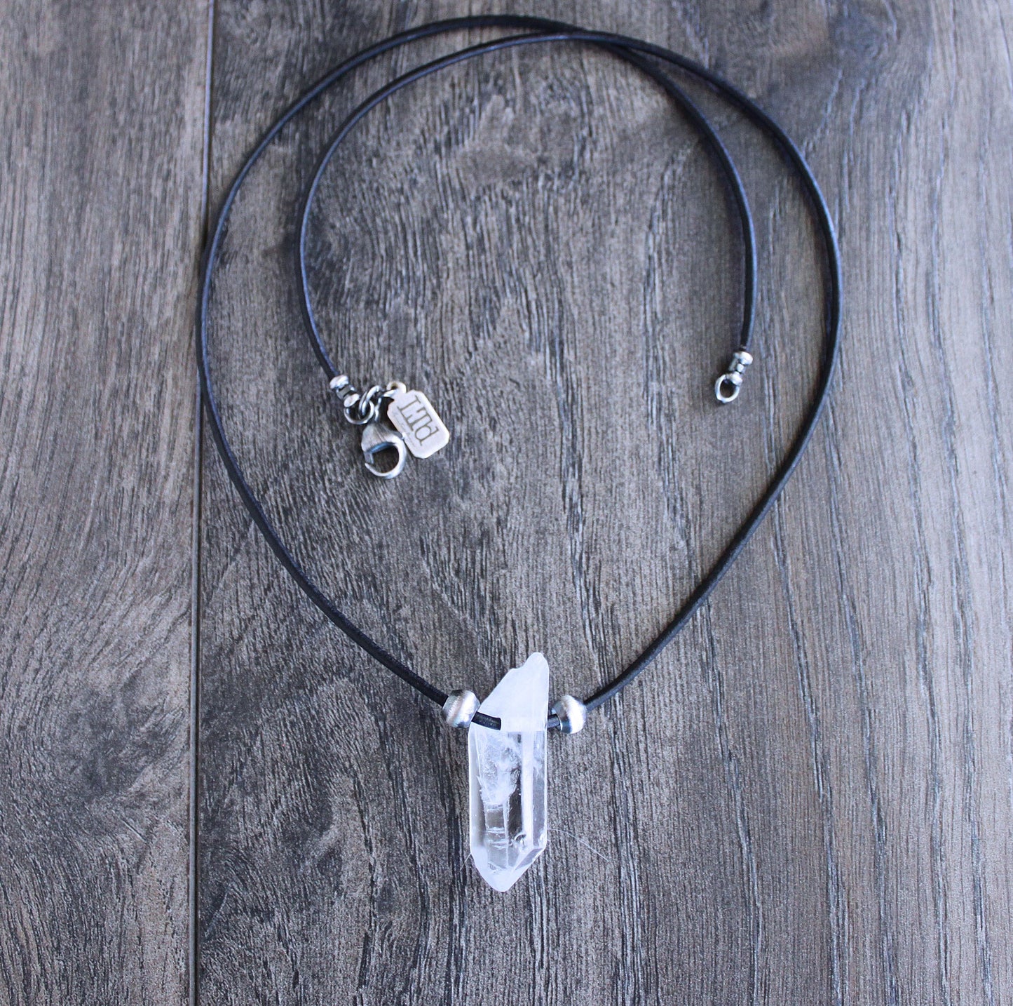 men's quartz stone leather necklace