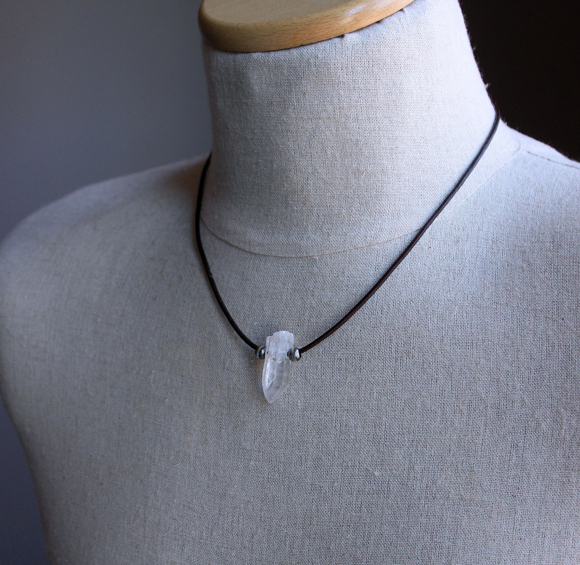 men's leather cord necklace, crystal quartz point