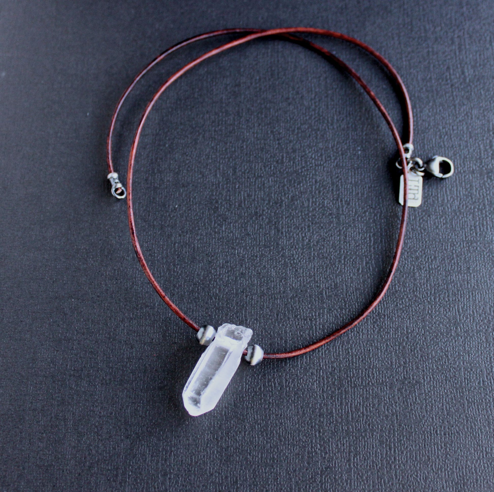 men's crystal point leather cord necklace