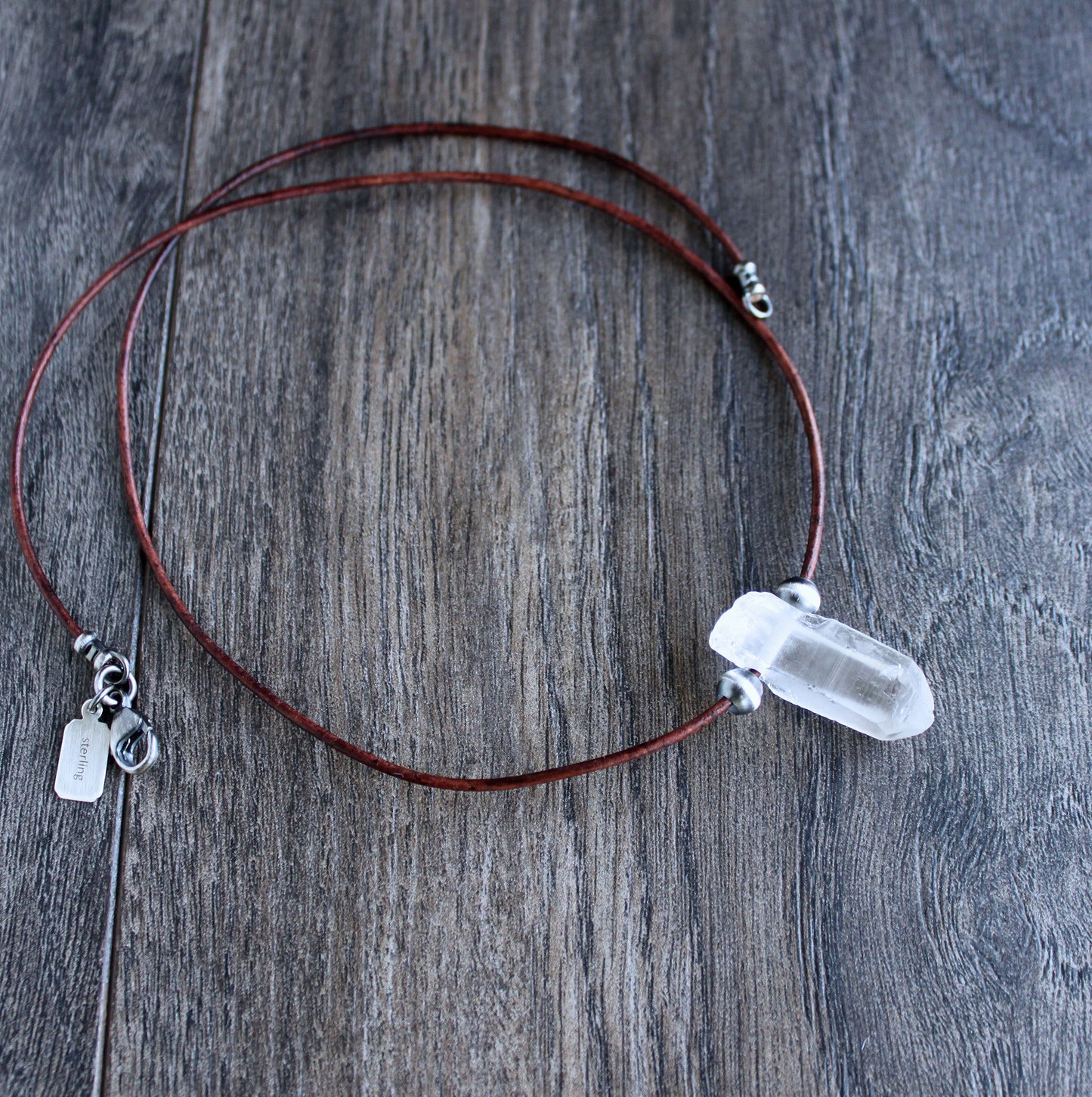 men's leather cord with small crystal point pendant