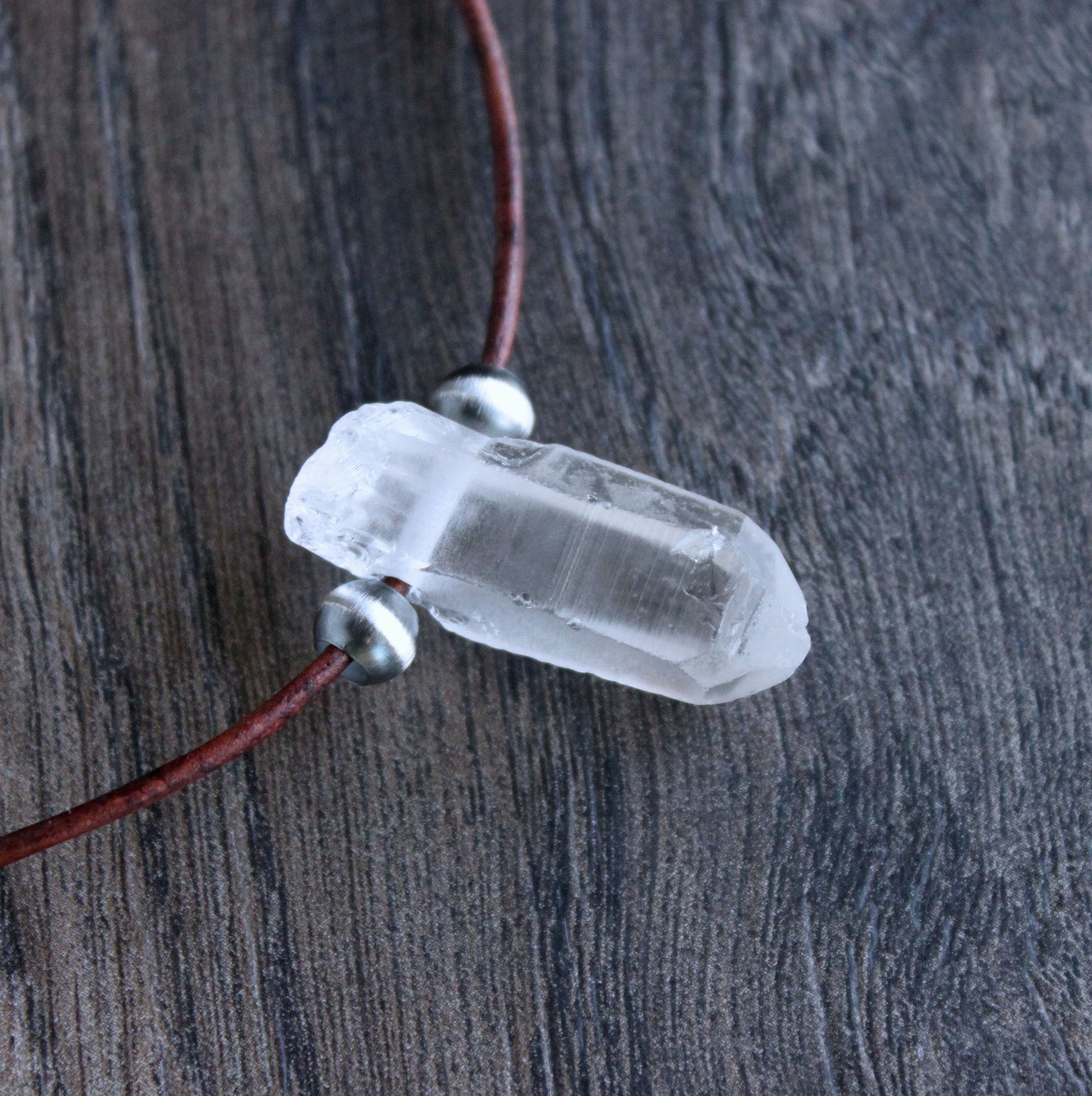 small rough clear quartz crystal leather necklace