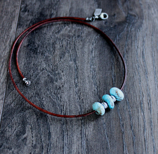 three large turquoise bead leather cord necklace