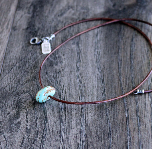 men's single turquoise bead leather necklace