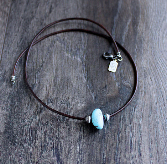 men's large turquoise bead leather cord necklace