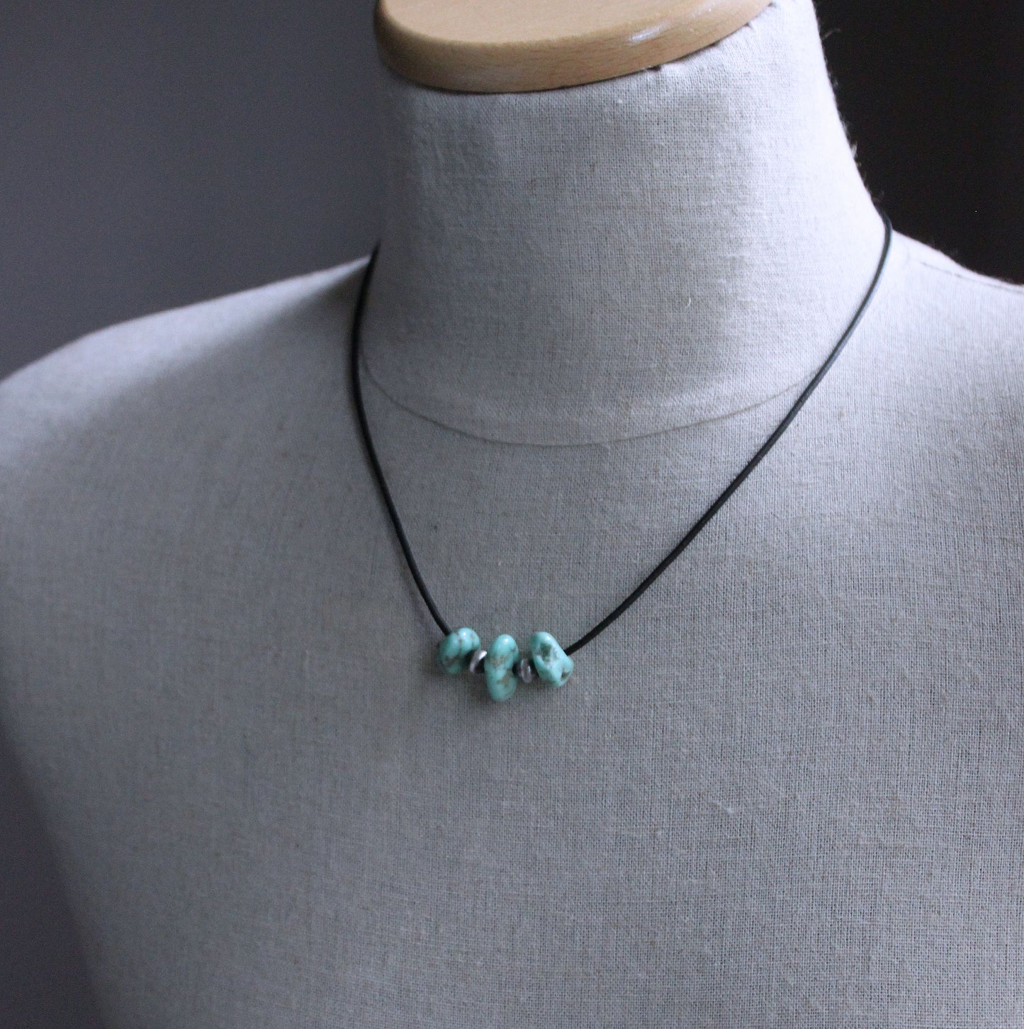 men's turquoise silver bead leather necklace