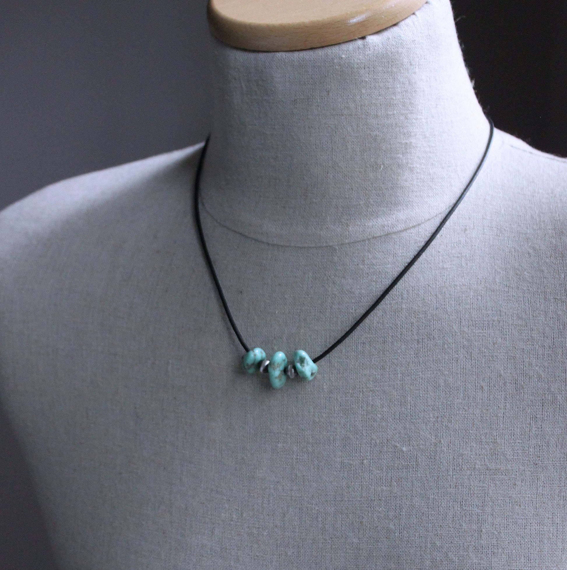 men's turquoise silver bead leather necklace