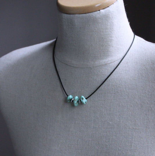 men's turquoise silver bead leather necklace