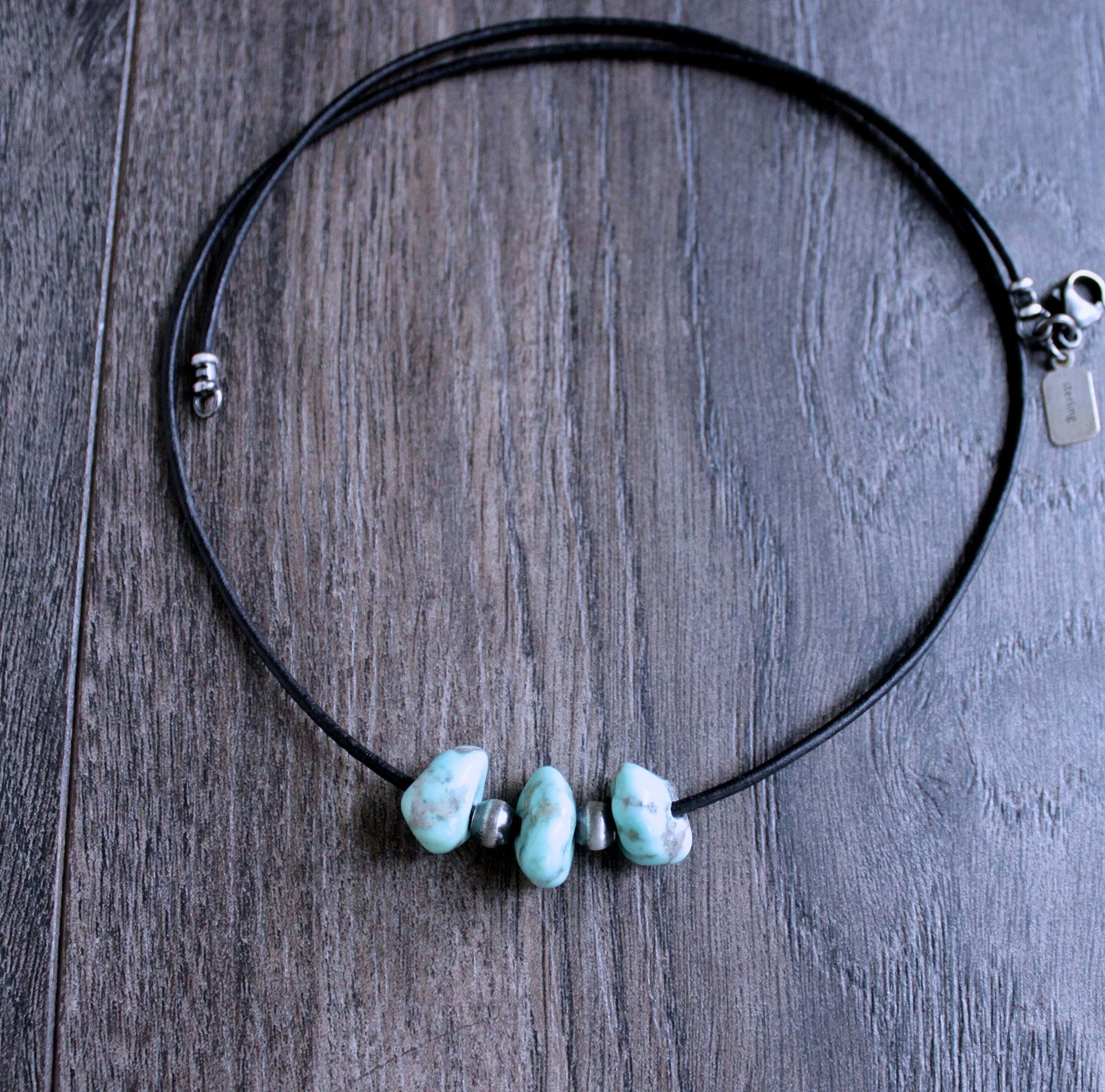 men's large turquoise stone leather cord necklace