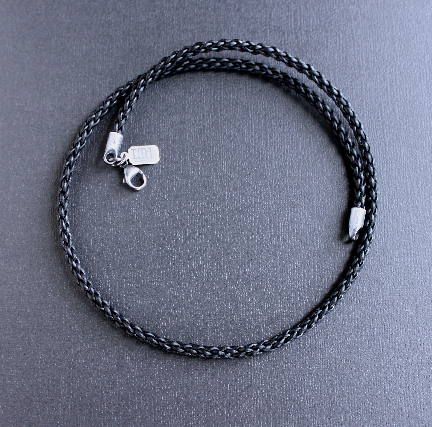 men's black leather round braid necklace