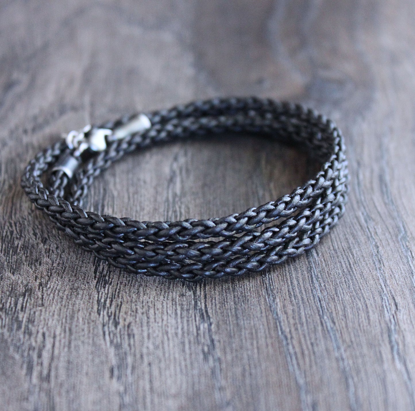 Black Round Braid Leather Wrap Bracelet