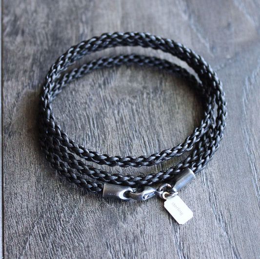 Black Round Braid Leather Wrap Bracelet