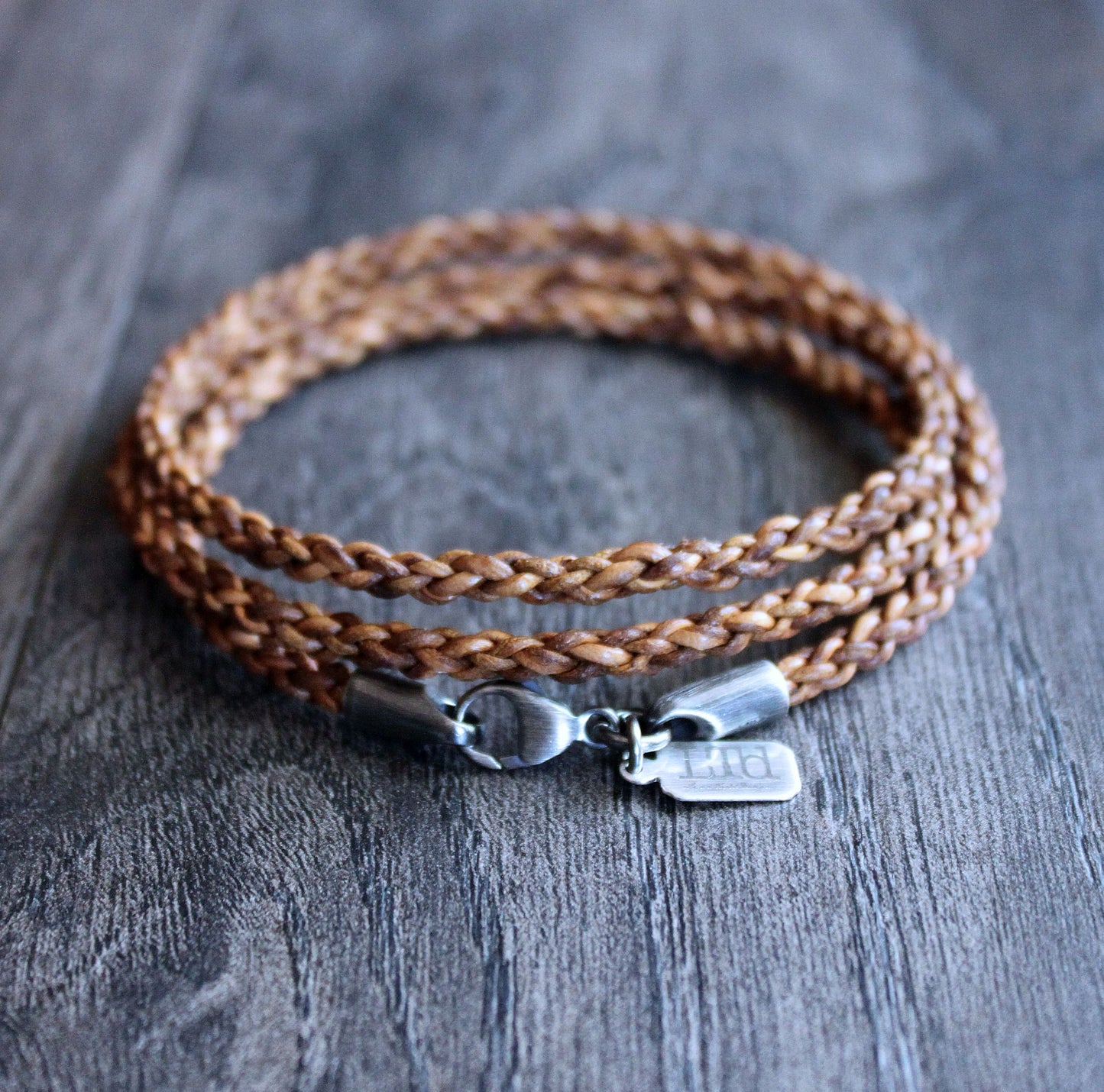 Light Brown Round Braid Leather Wrap Bracelet