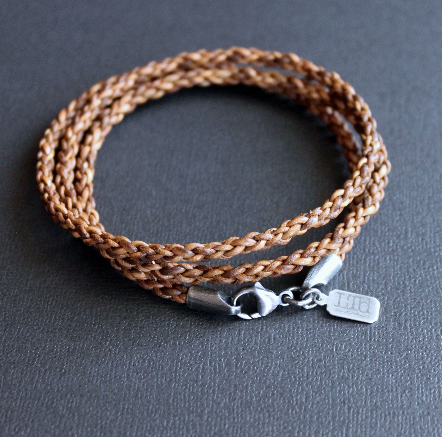 Light Brown Round Braid Leather Wrap Bracelet