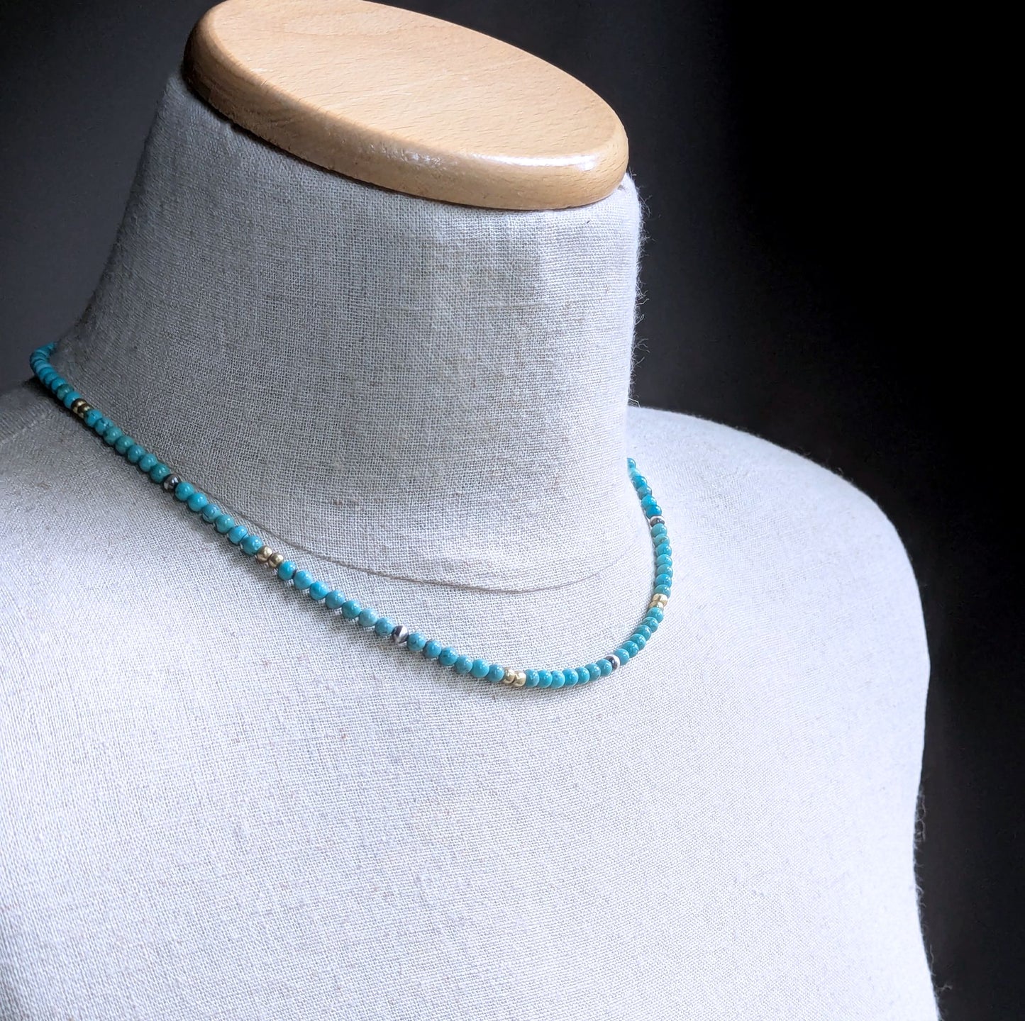 4mm Turquoise Brass Silver Bead Necklace