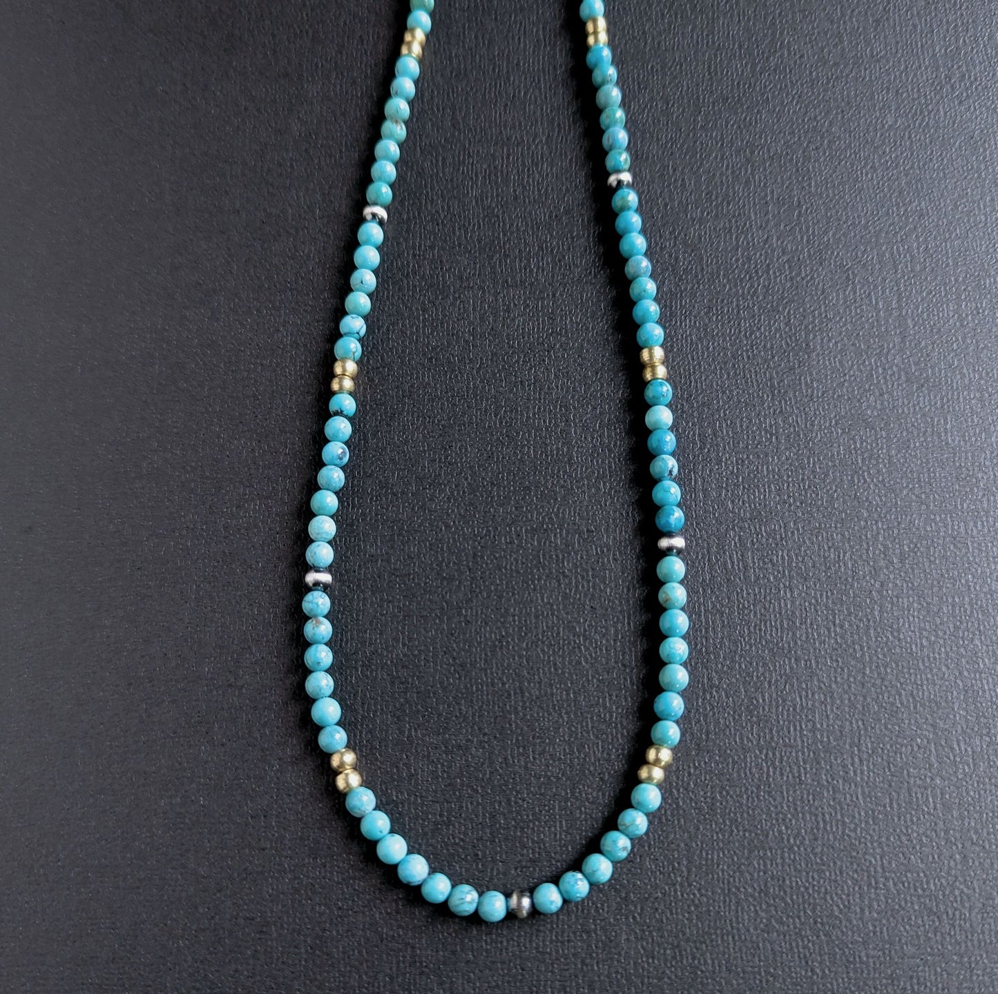 4mm Turquoise Brass Silver Bead Necklace