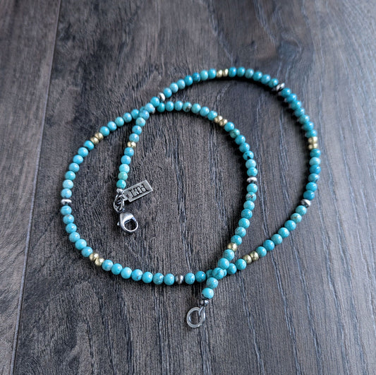 4mm Turquoise Brass Silver Bead Necklace