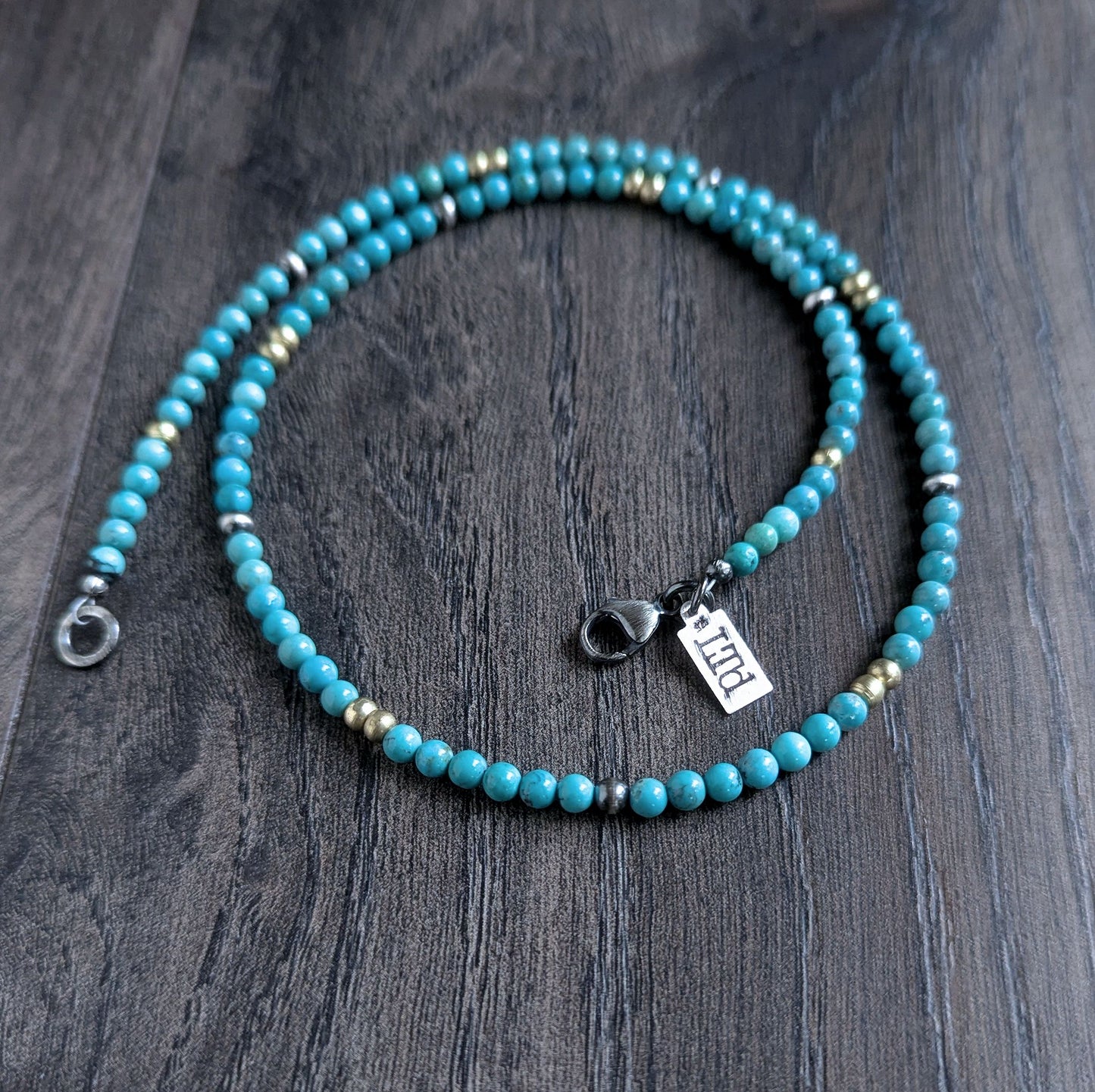 4mm Turquoise Brass Silver Bead Necklace