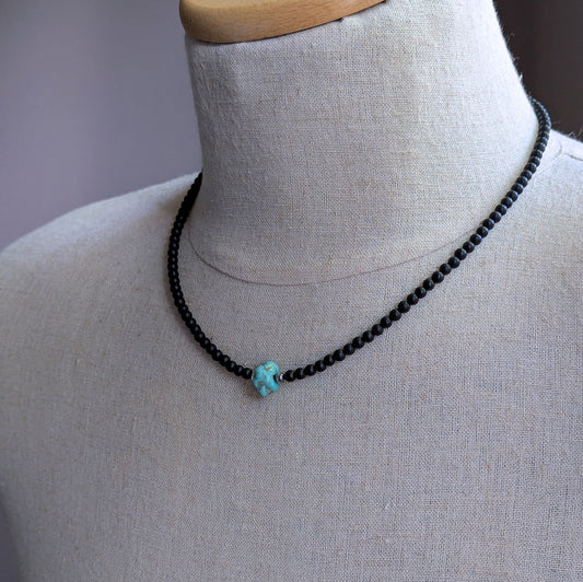 men's black bead necklace with  turquoise stone, 20 inches