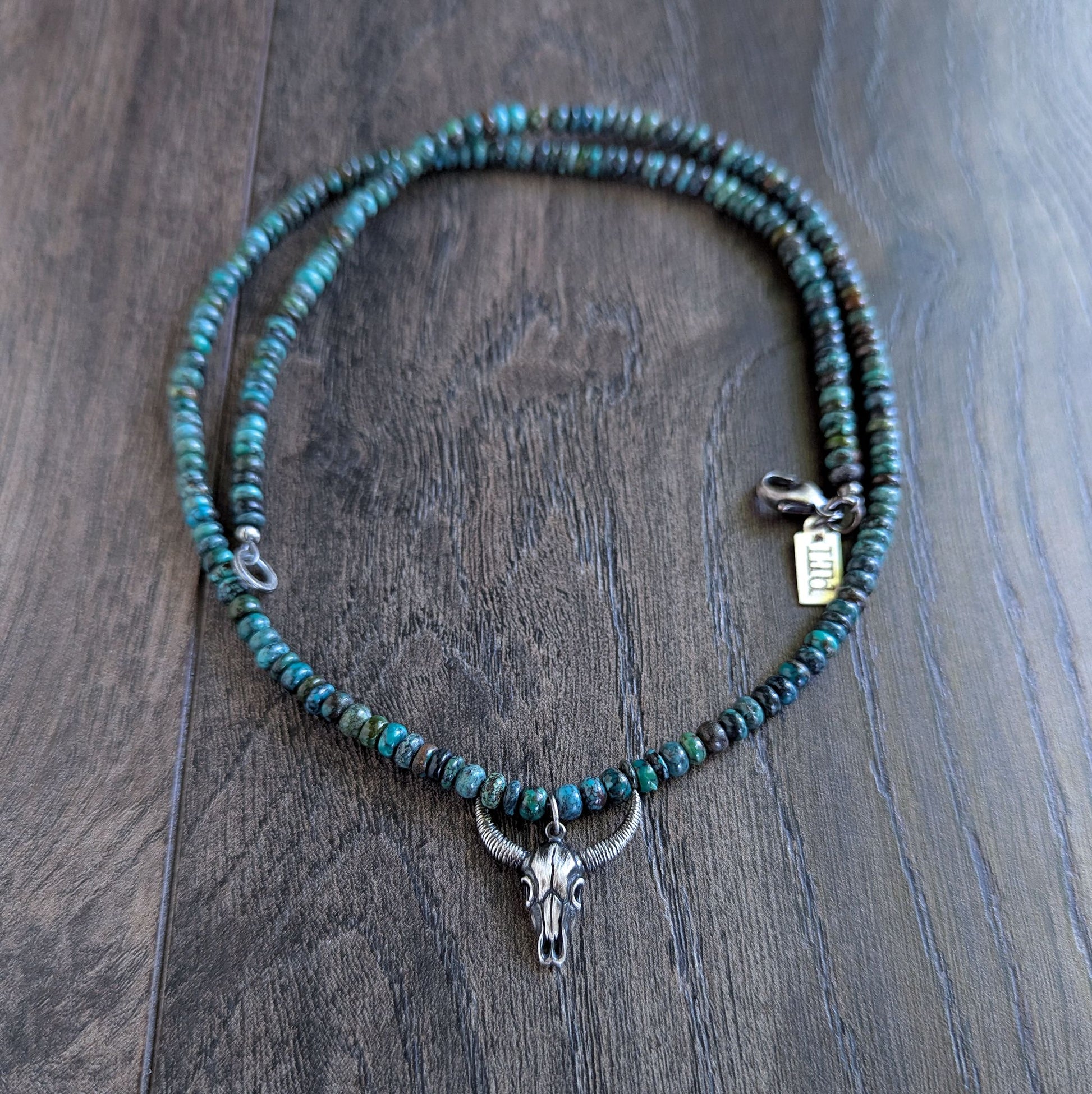 men's 5mm turquoise bead necklace with silver longhorn