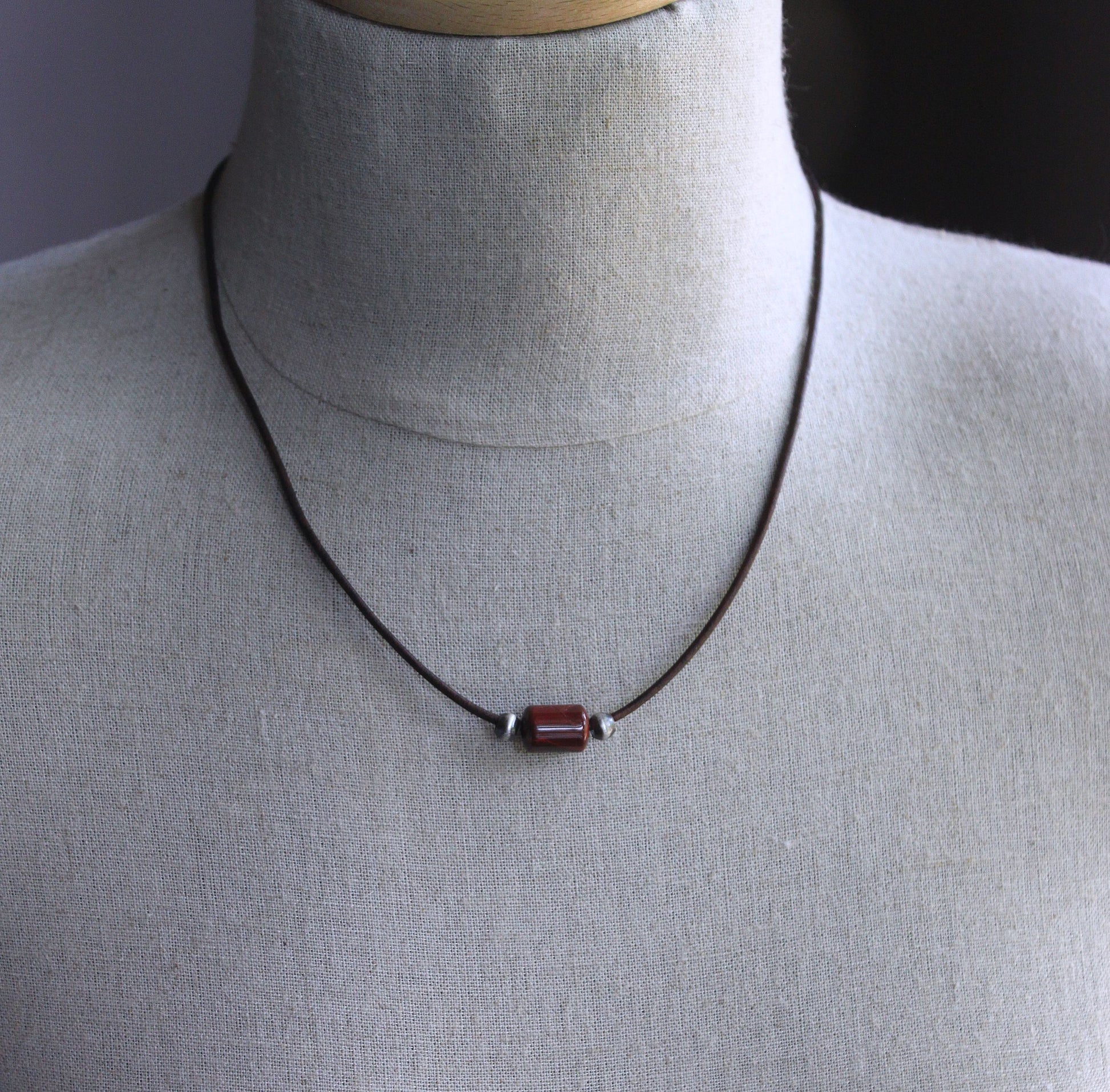 men's red bead leather necklace