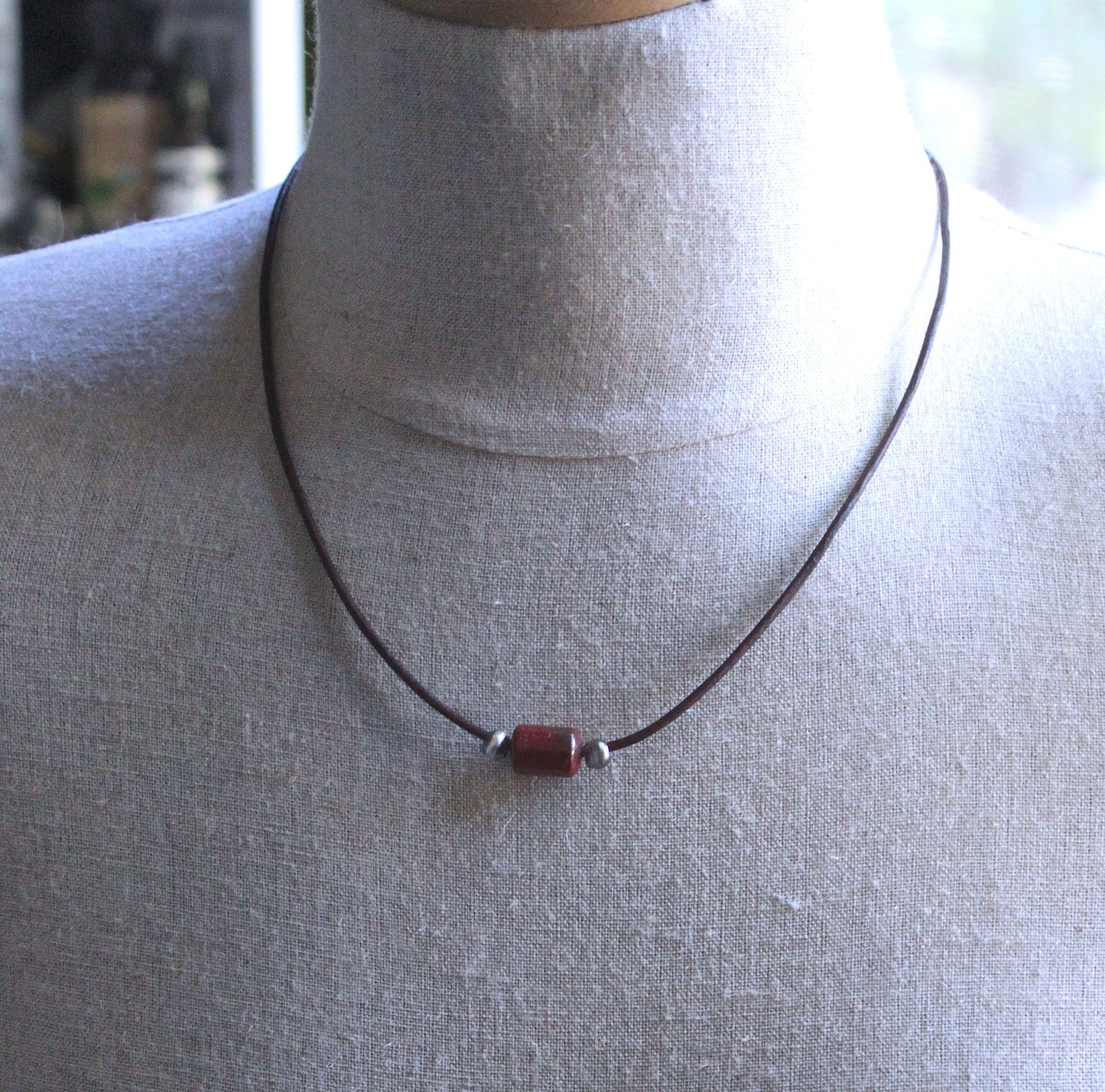 Red Jasper Barrel Bead Leather Cord Necklace
