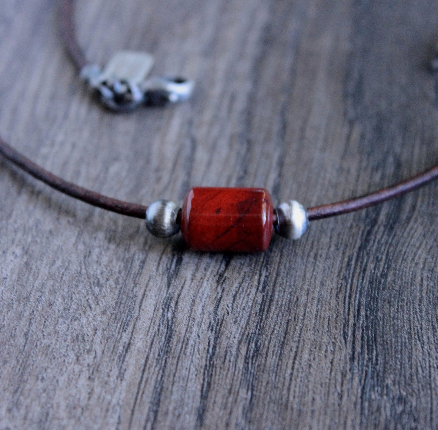 Red Jasper Barrel Bead Leather Cord Necklace