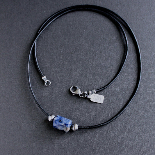 men's black cord blue bead necklace