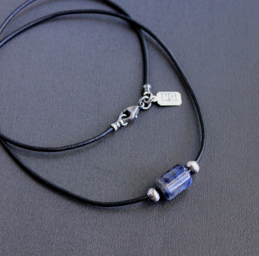 Blue Sodalite Barrel Bead Necklace, Black Leather Cord