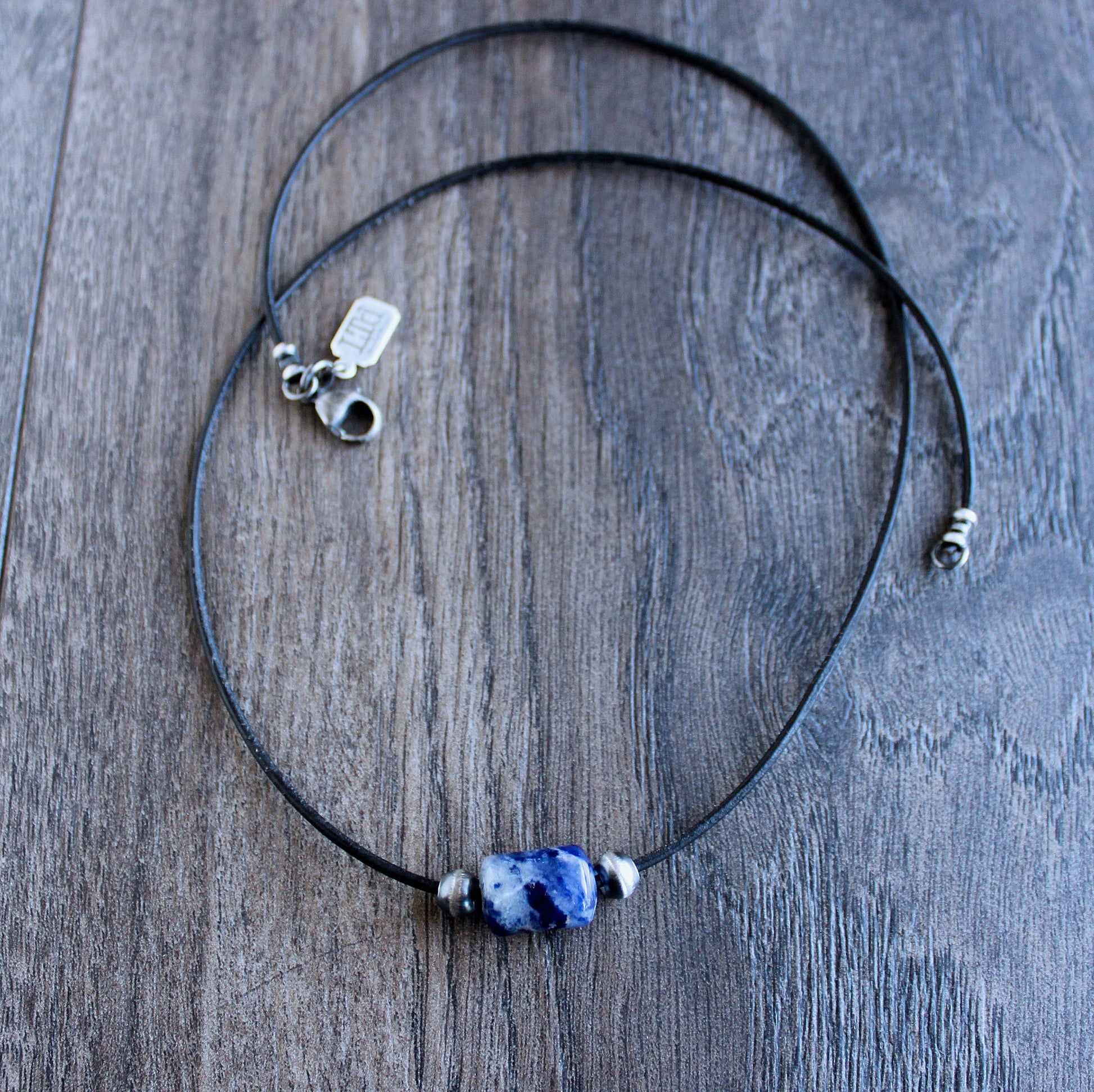 men's leather cord necklace, large sodalite bead