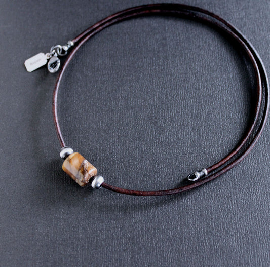 Leather Cord Tiger Eye Barrel Bead Necklace