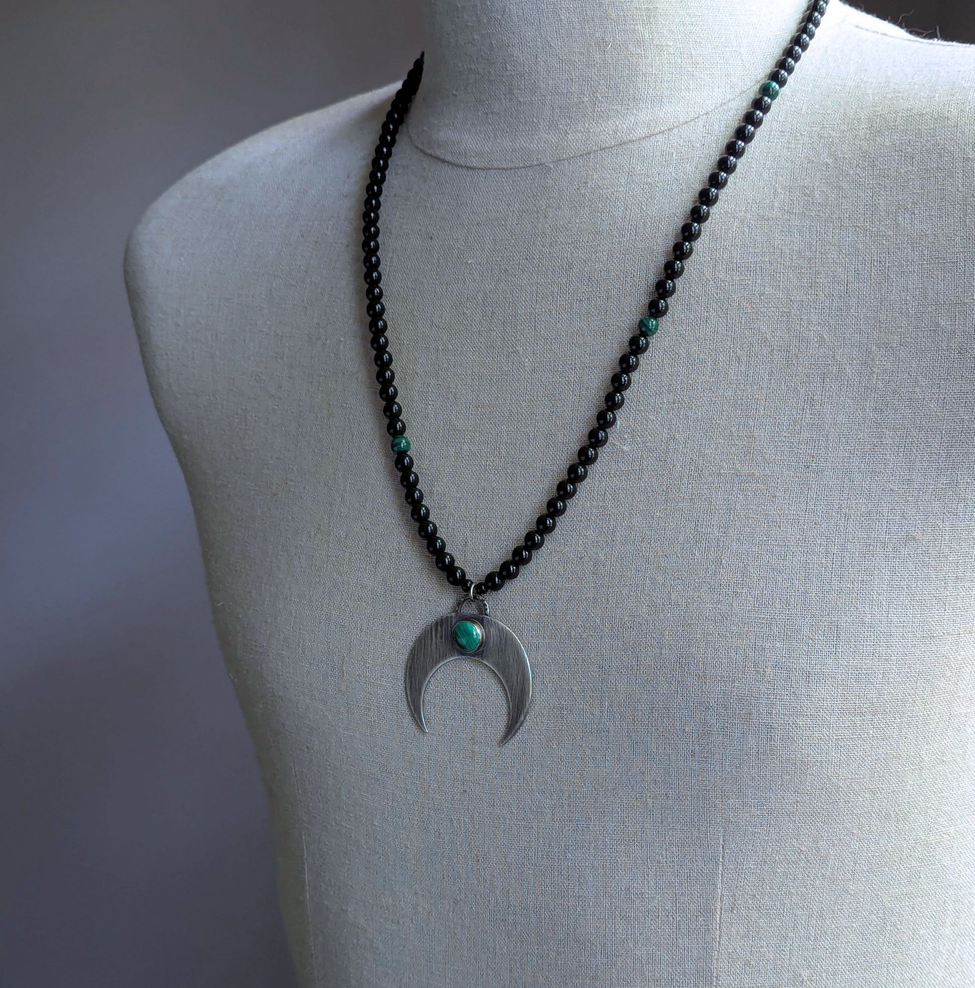 6mm onyx malachite bead necklace, sterling silver crescent  pendant 