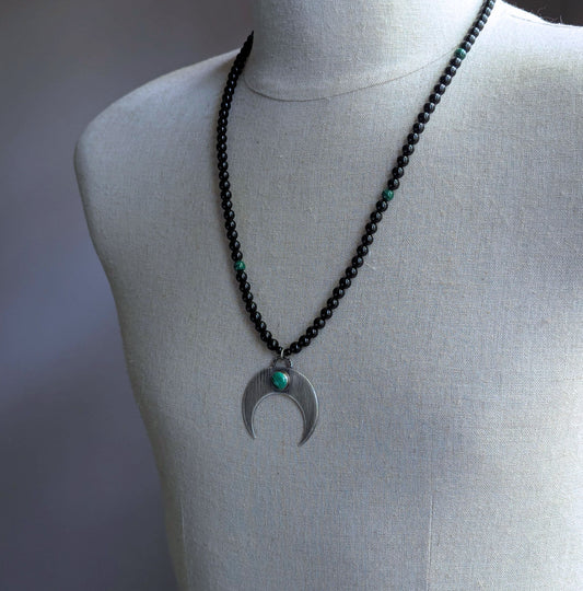 6mm onyx malachite bead necklace, sterling silver crescent  pendant 