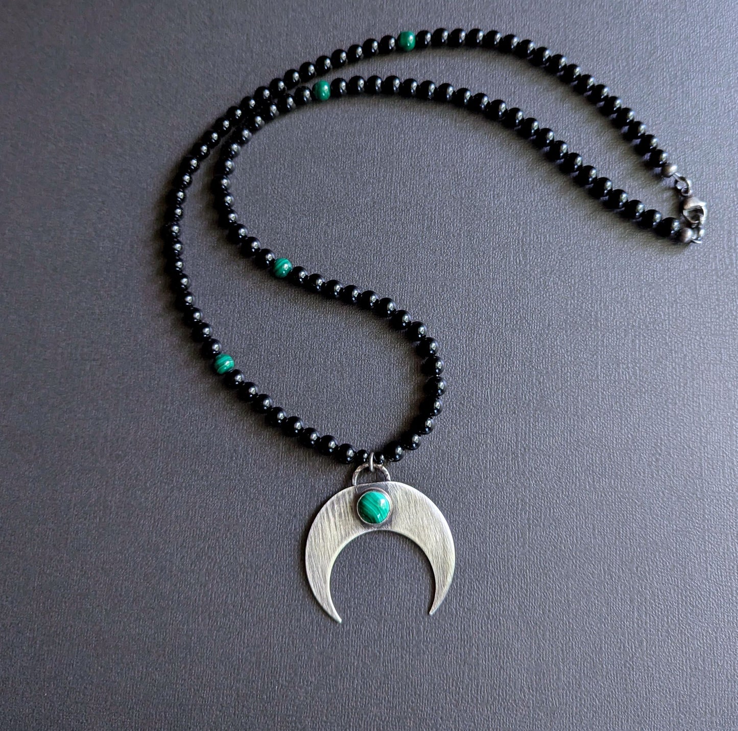 onyx malachite bead necklace, large sterling silver pendant
