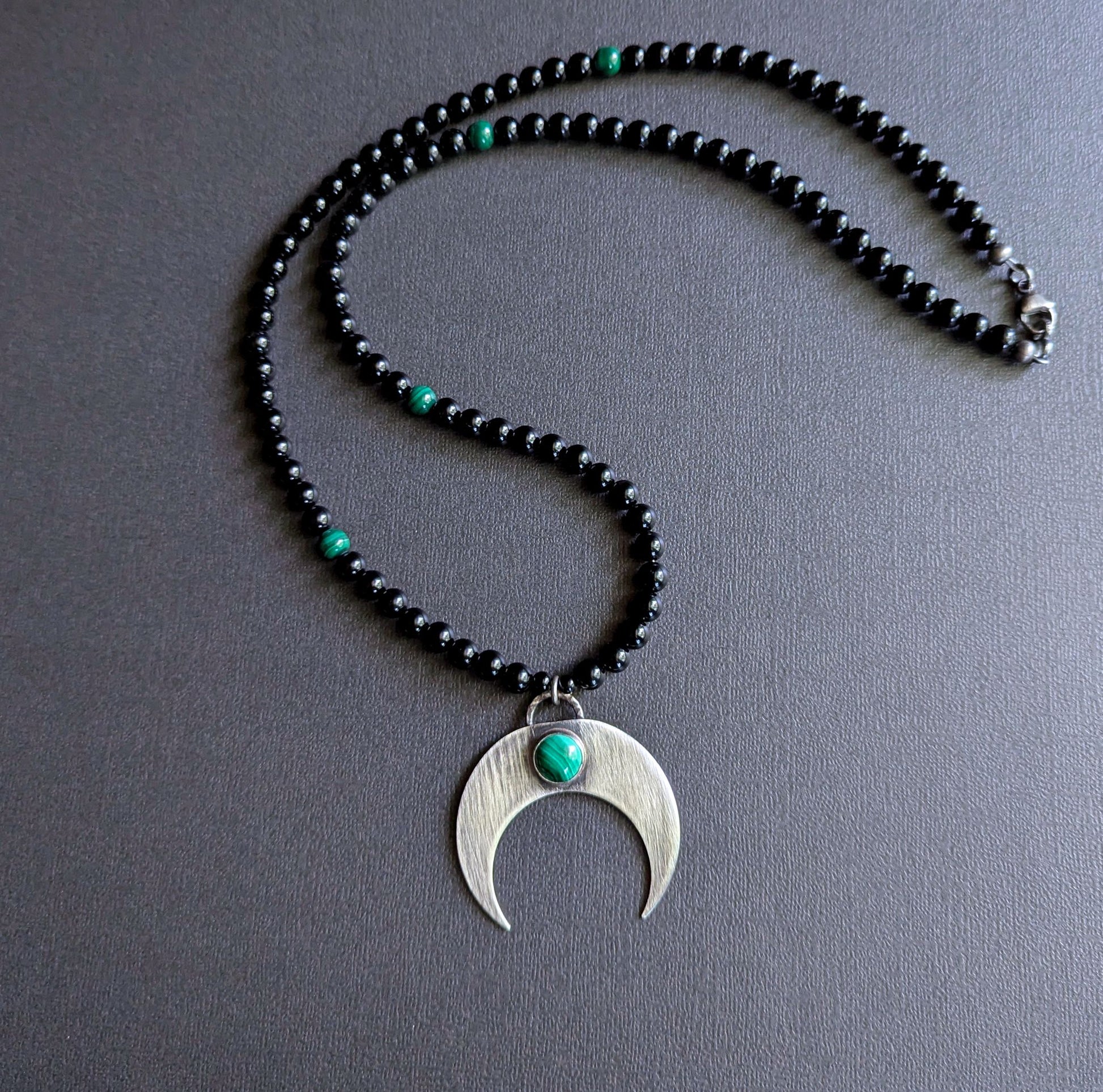 onyx malachite bead necklace, large sterling silver pendant