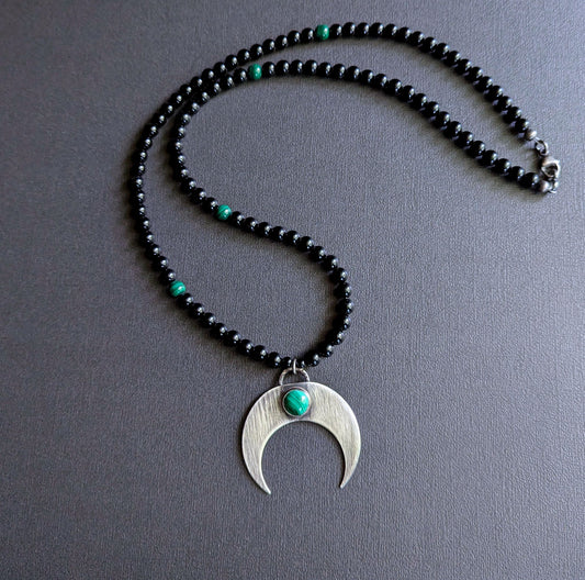 onyx malachite bead necklace, large sterling silver pendant