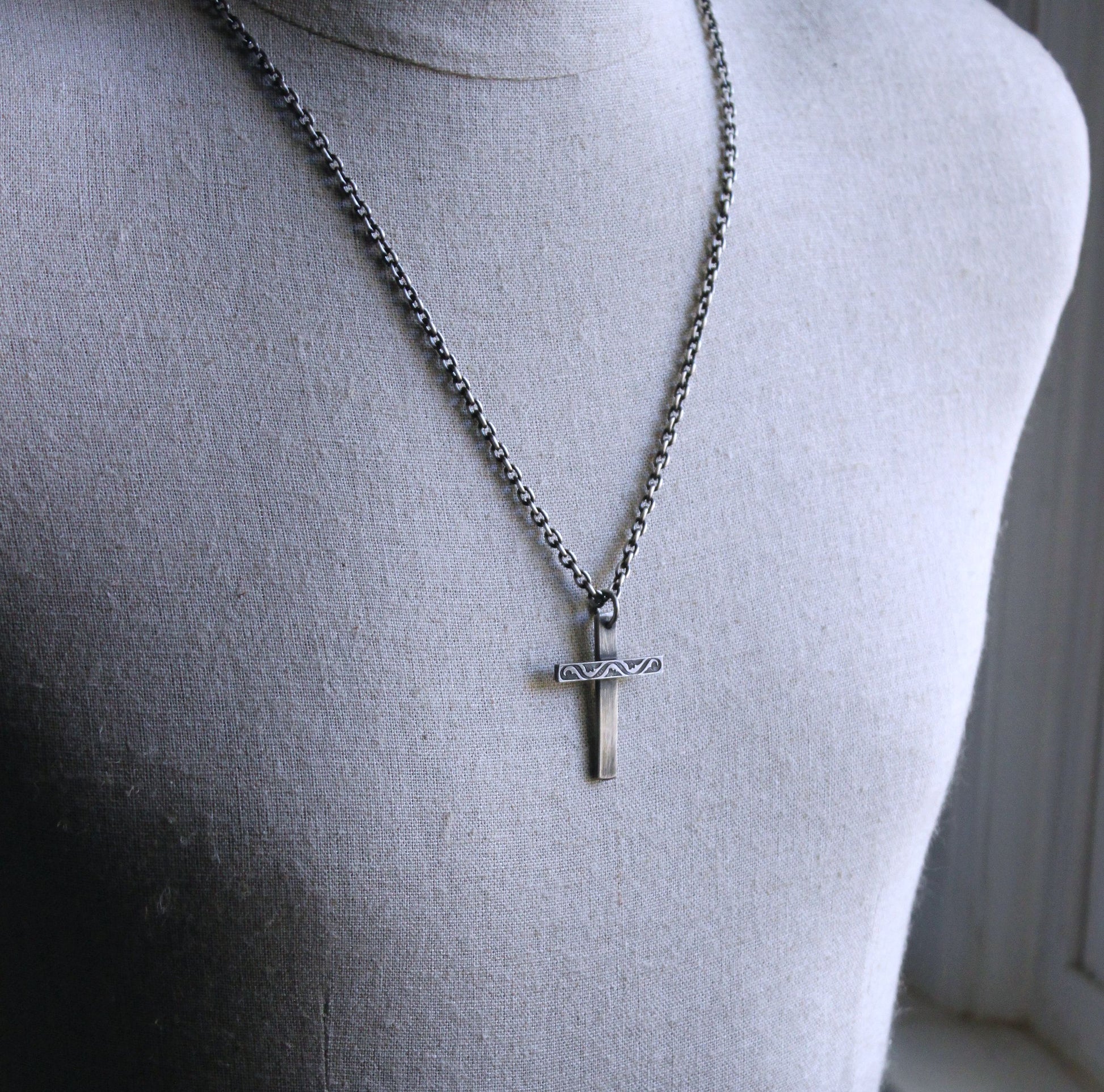 men's .925 silver engraved cross necklace