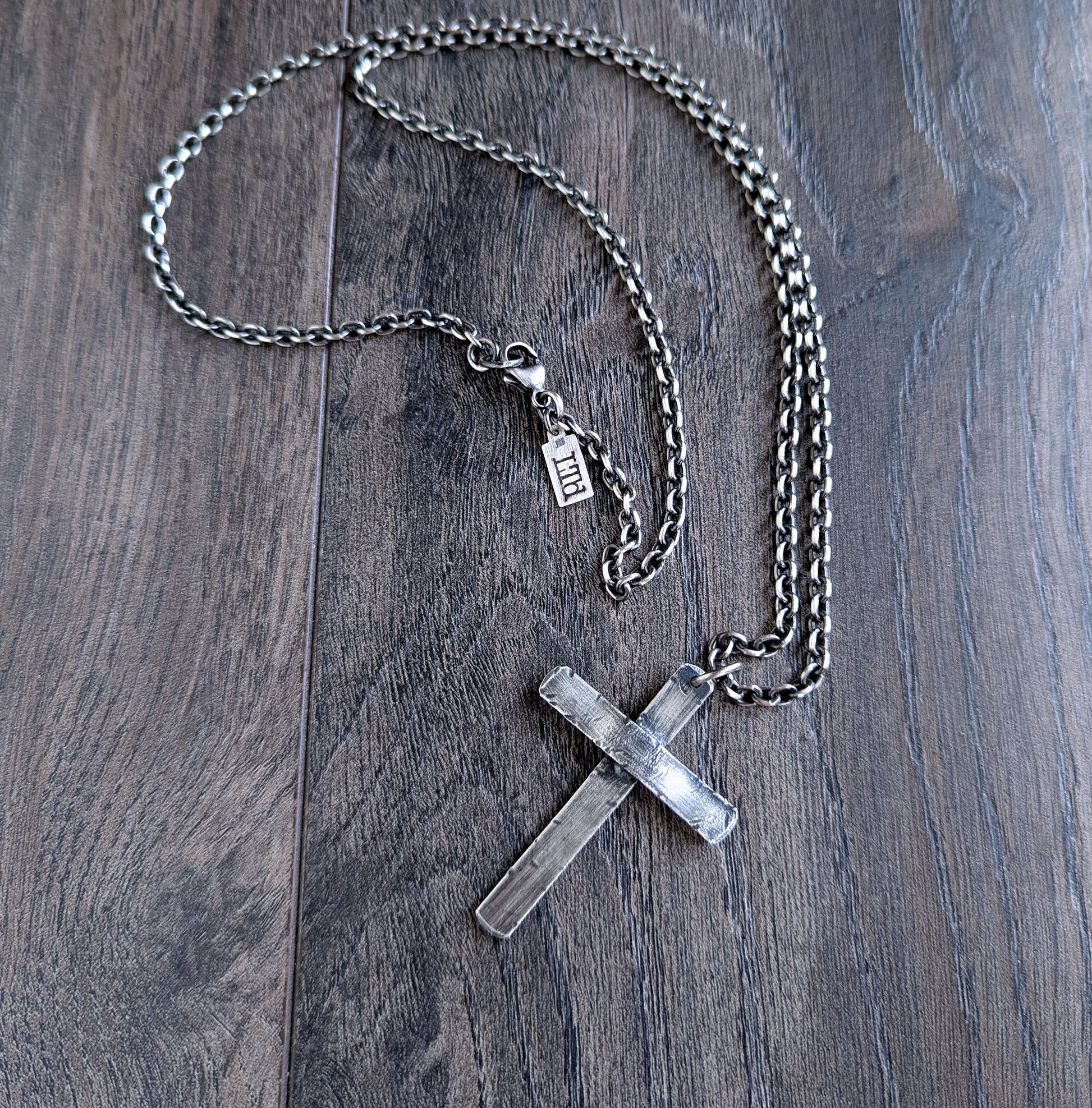 large rustic silver cross pendant necklace