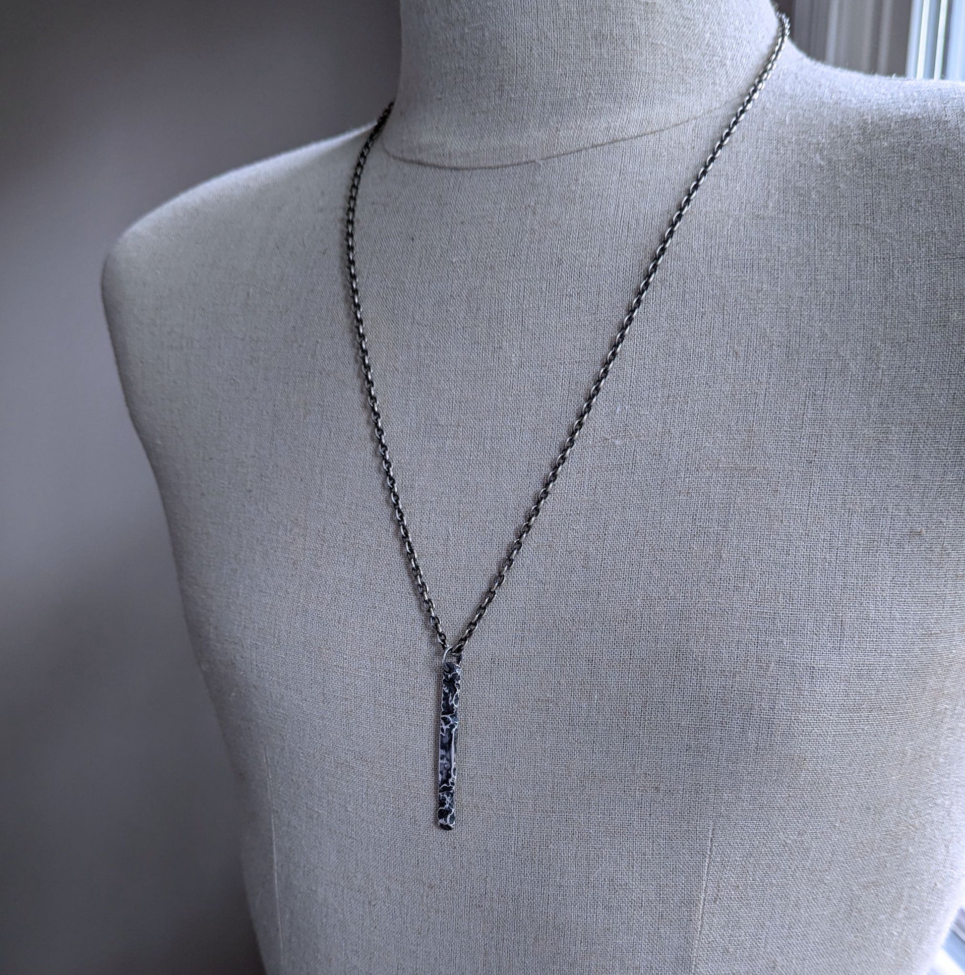 men's rustic sterling silver bar pendant on long chain