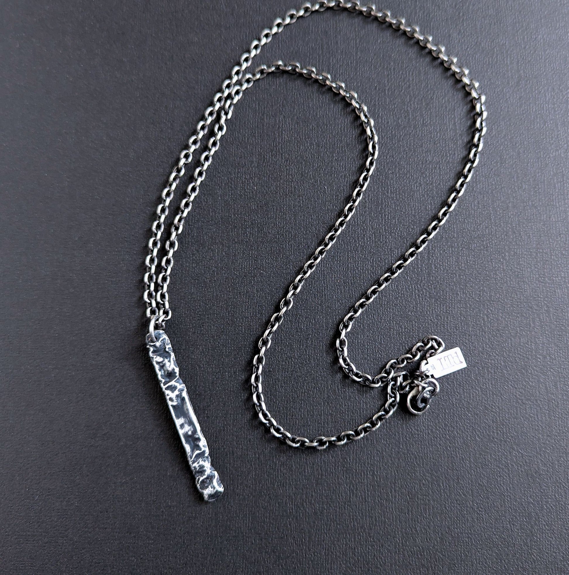 men's long rustic silver pendant on chain