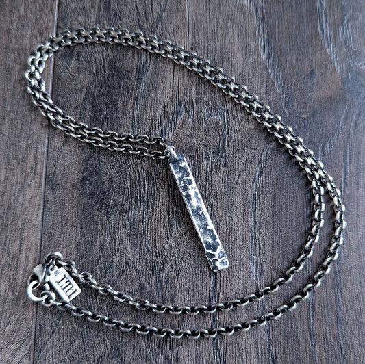 men's rustic sterling silver bar pendant on chain