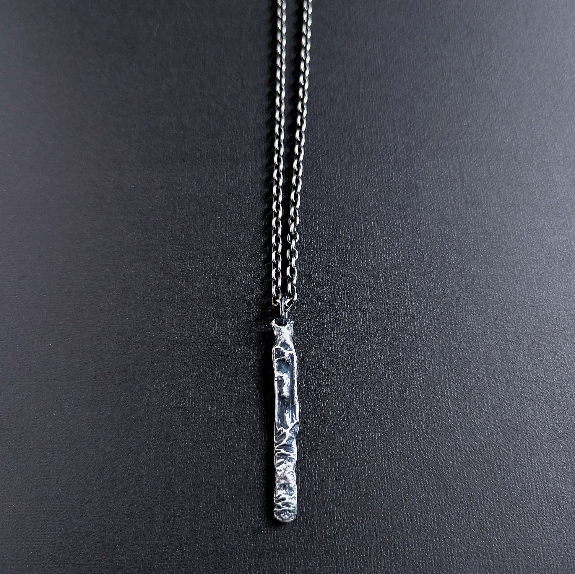 men's long rustic sterling silver bar pendant