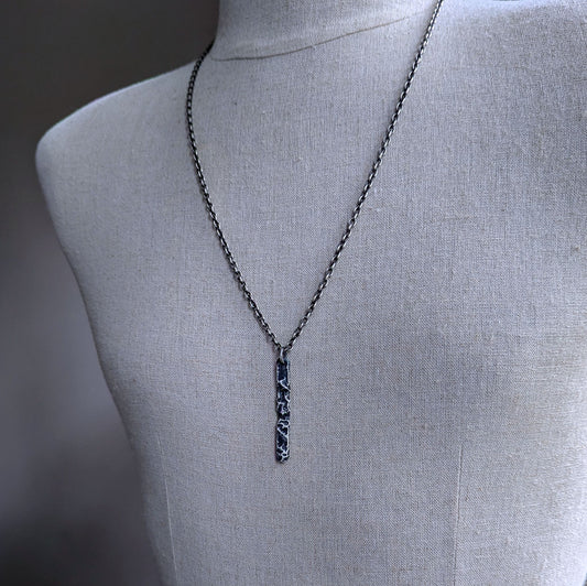 men's reticulated long sterling silver bar pendant on chain
