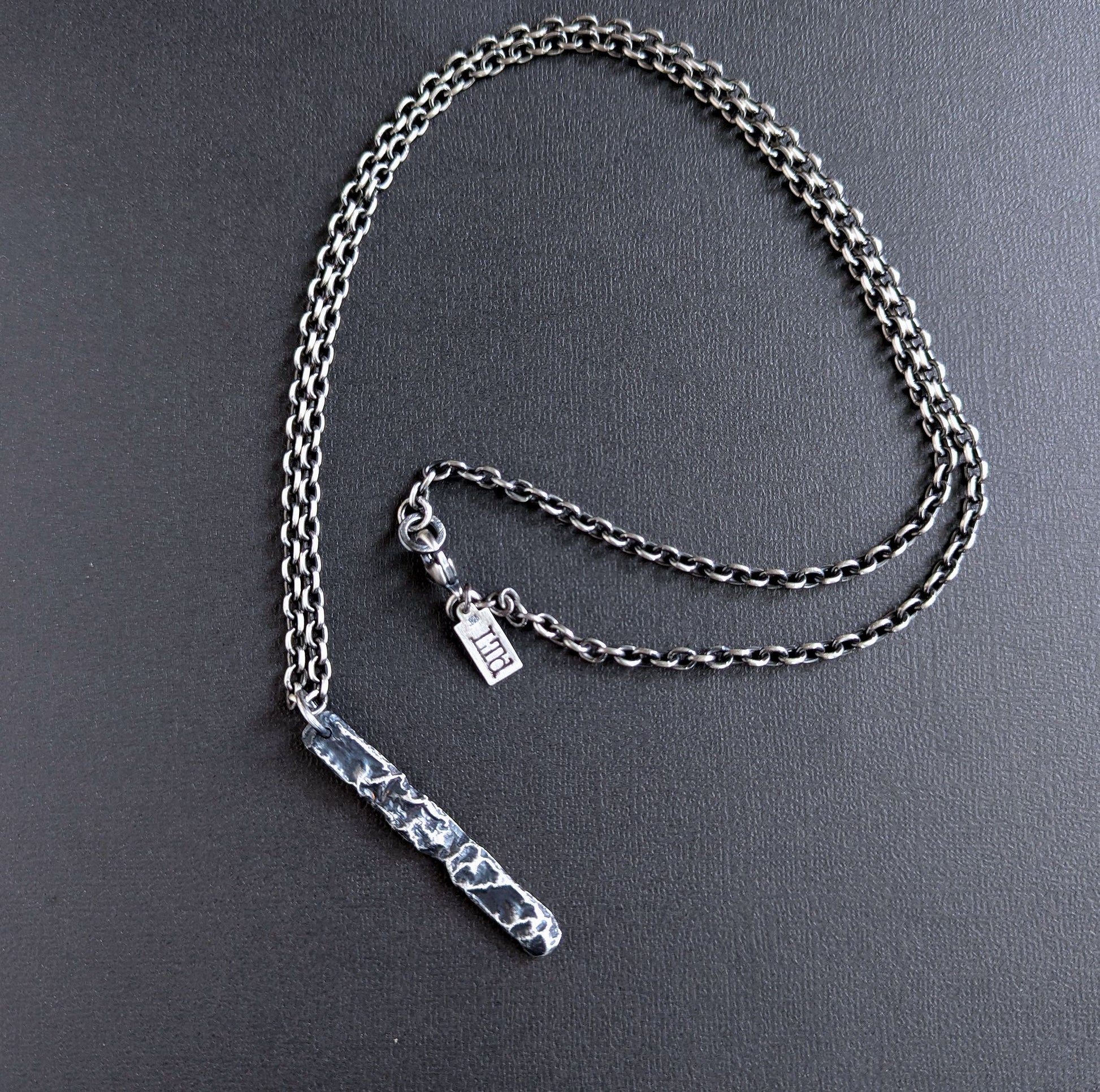 men's rugged long sterling silver bar pendant necklace
